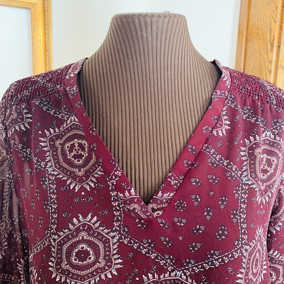 MAURICE'S Burgundy Print Boho Top - L/S Semi Sheer Shoulder Smocking V-Neck XL - Picture 2 of 11